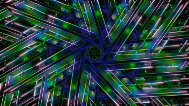 Bentuk bintang abstrak multiwarna psikedelik hipnotis teknologi latar belakang loop VJ. Grafis ilusi gerakan loop tanpa batas 3D untuk transisi panggung musik, pertunjukan, retro, hitech