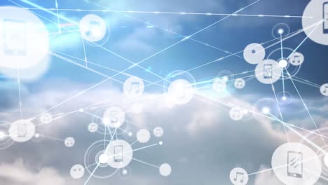 animación de redes de conexiones con iconos en el cielo