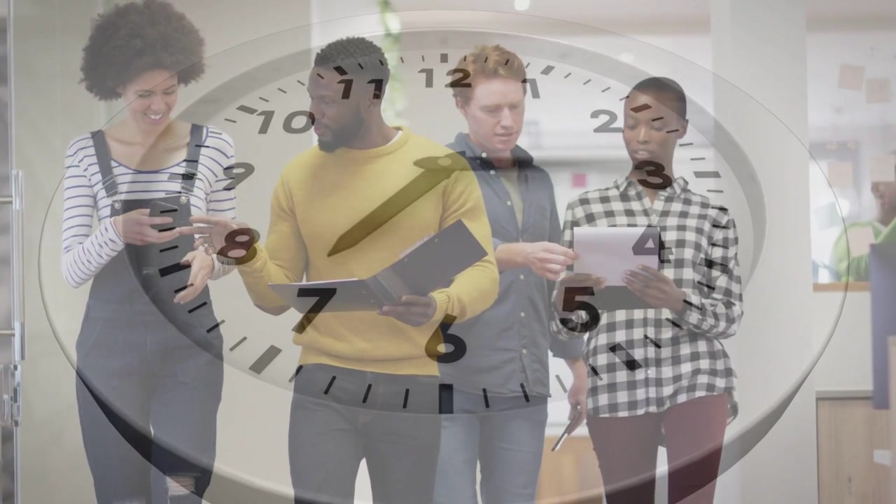Business team entering doorway and walking corridor, reviewing notes as clock moving over group