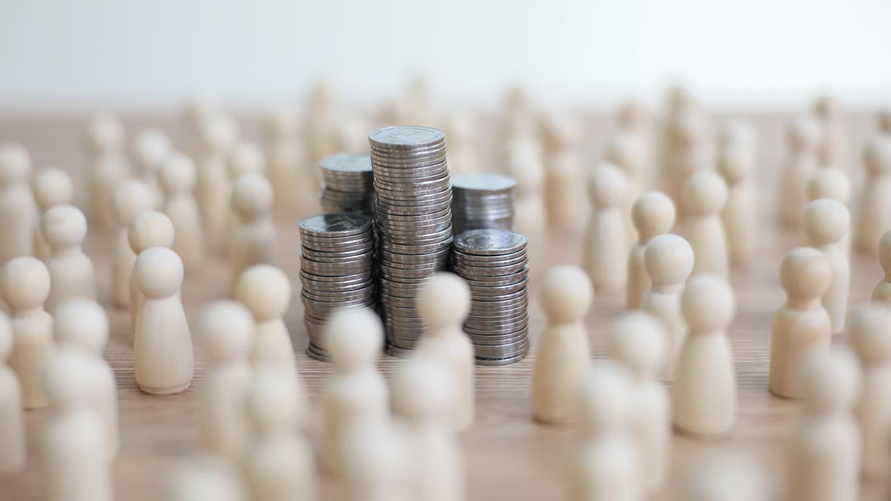 Columns of coins surrounded by wooden figurines on table