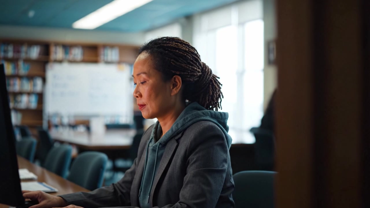 Focused Professional Working in a Library Setting, Engaging with Computer and Surrounded by Books, Illustrating Concentration and Commitment to Task