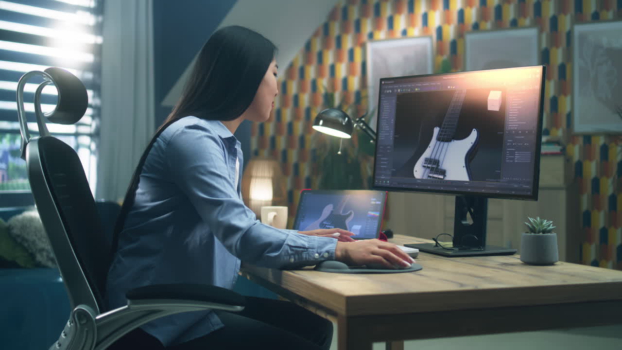 Woman Working on 3D Design of a Guitar