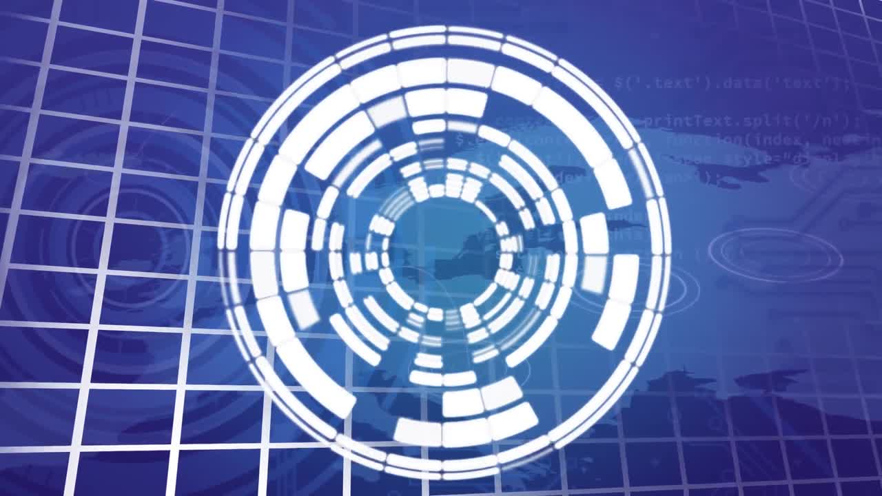 animación de un círculo giratorio sobre una pantalla digital azul.