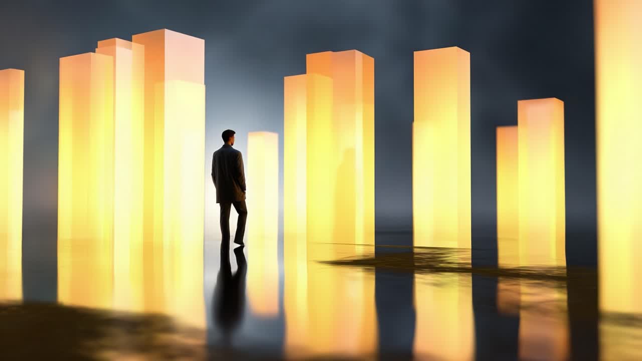 A Solitary Figure Contemplating a Dreamlike Urban Landscape Amidst Ethereal Towers Illuminated by Warm Hues in an Atmosphere of Mystery and Reflection