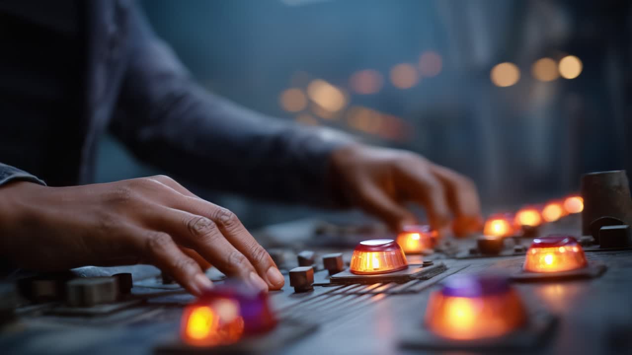 Mani concentrate azionano un pannello di controllo con pulsanti luminosi: un primo piano sulla precisione in azione in un ambiente ad alta tecnologia che mostra interazioni complesse.