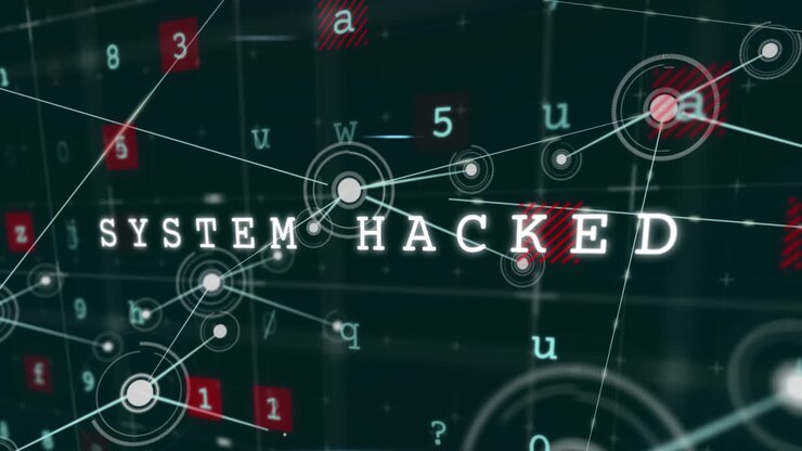 Animation of system hacked, malware, alert text with letters and numbers over connected dots
