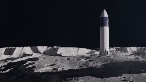 tiro de establecimiento cercano de un cohete espacial en la superficie de la luna