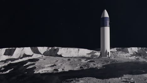 close establishing shot of a space rocket on the surface of the moon