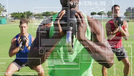 animation of data processing and diagrams over diverse men exercising at stadium