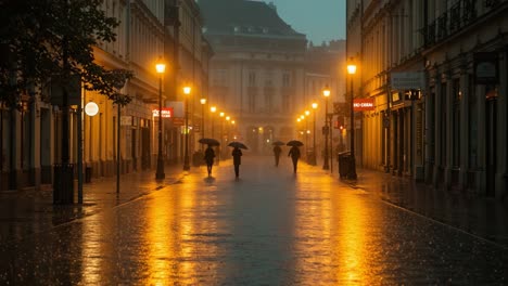 A Rainy Evening in a Quiet City: People Walking with Umbrellas on a Wet Street, Reflected Streetlights Creating a Beautiful Glow Amidst the Gloomy Weather