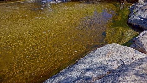 Slow-motion-tilt-up-of-golden-water-cascading-over-rocks-in-Sabino-Canyon,-Arizona