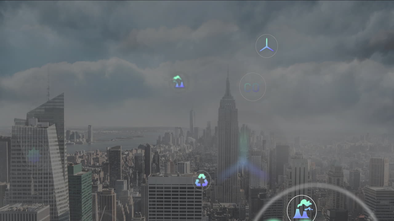 Digital data and code animations overlaying urban cityscape with skyscrapers