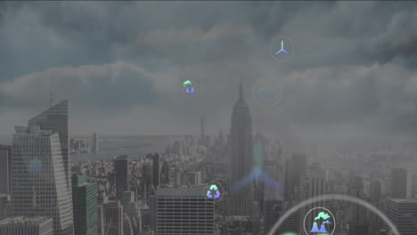 digital data and code animations overlaying urban cityscape with skyscrapers