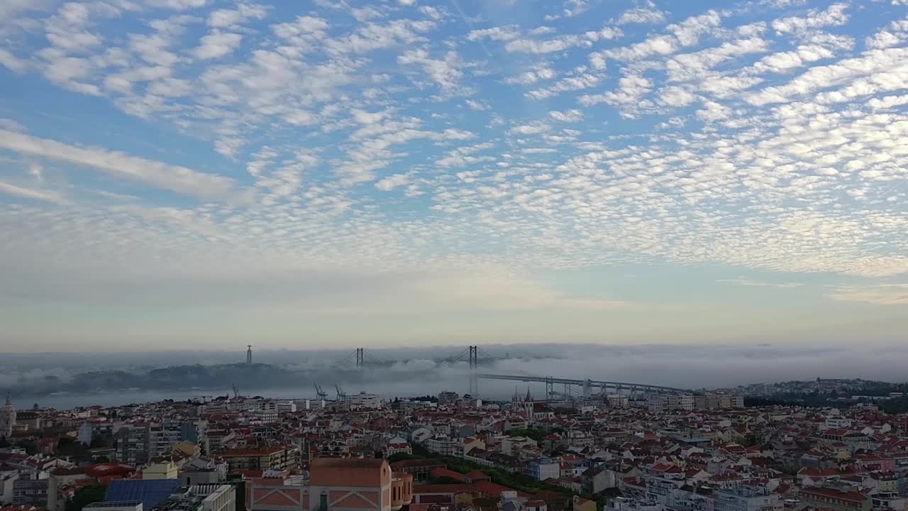 Timelapse of a top view of a city with clouds passing across the bridge and the river during sunset