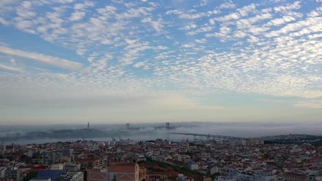 timelapse of a top view of a city with clouds passing across the bridge and the river during sunset