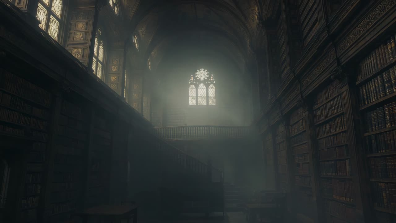 After static shot, camera tilting upward in Gothic library, revealing stained glass window