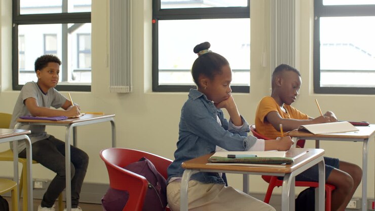 In classroom, multiracial students focused on writing assignments at desks, at school