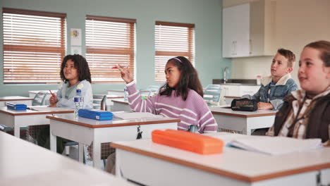 students in a classroom raising their hands