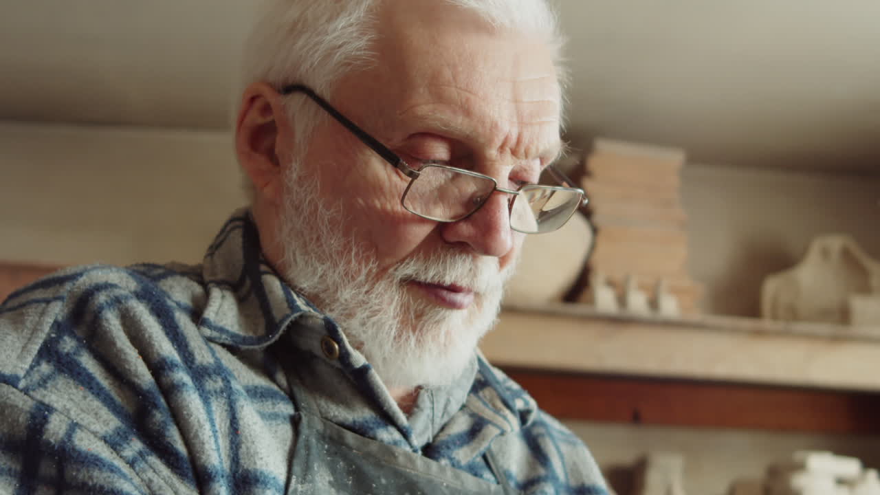 escultor senior trabajando en la cabeza de arcilla