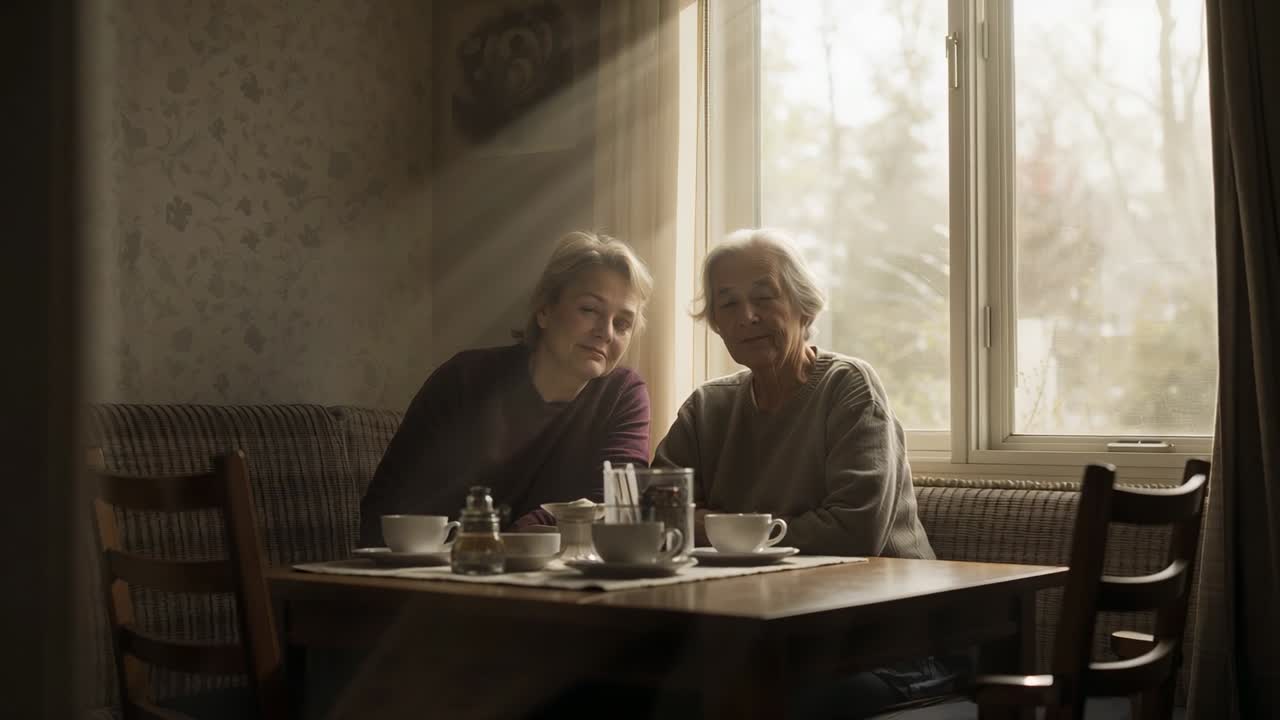 To eldre kvinner i gensere smiler til kameraet etter en samtale i spisekroken med kopper