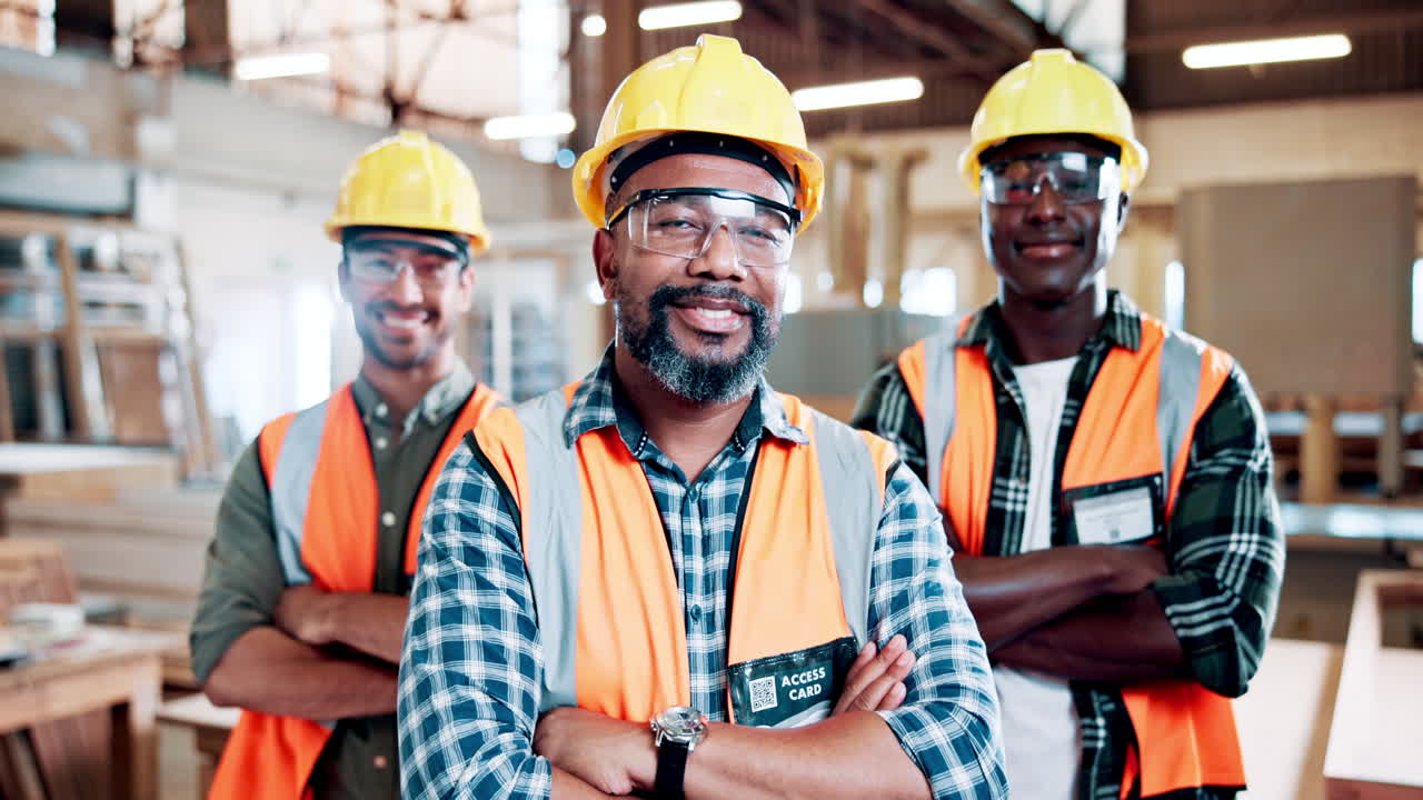 Equipe confiante de trabalhadores industriais posando em uma fábrica