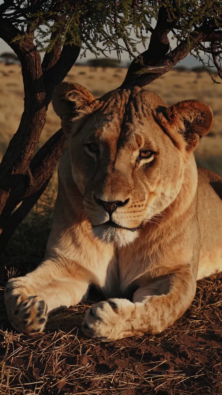 Aerial video view of a vast savannah with elephants grazing, framed by a distant mountain