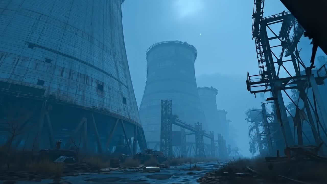 A nuclear power plant in the middle of a foggy city