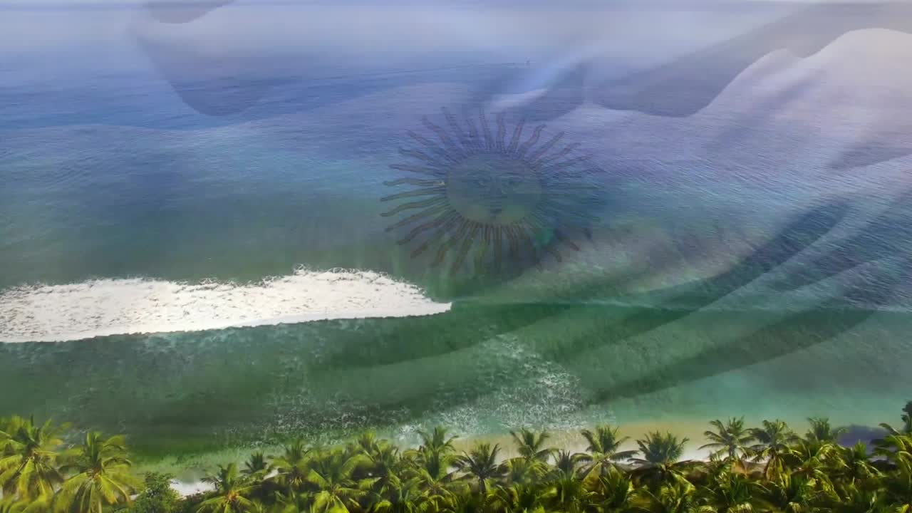 animación de la bandera de argentina ondeando sobre el paisaje de la playa