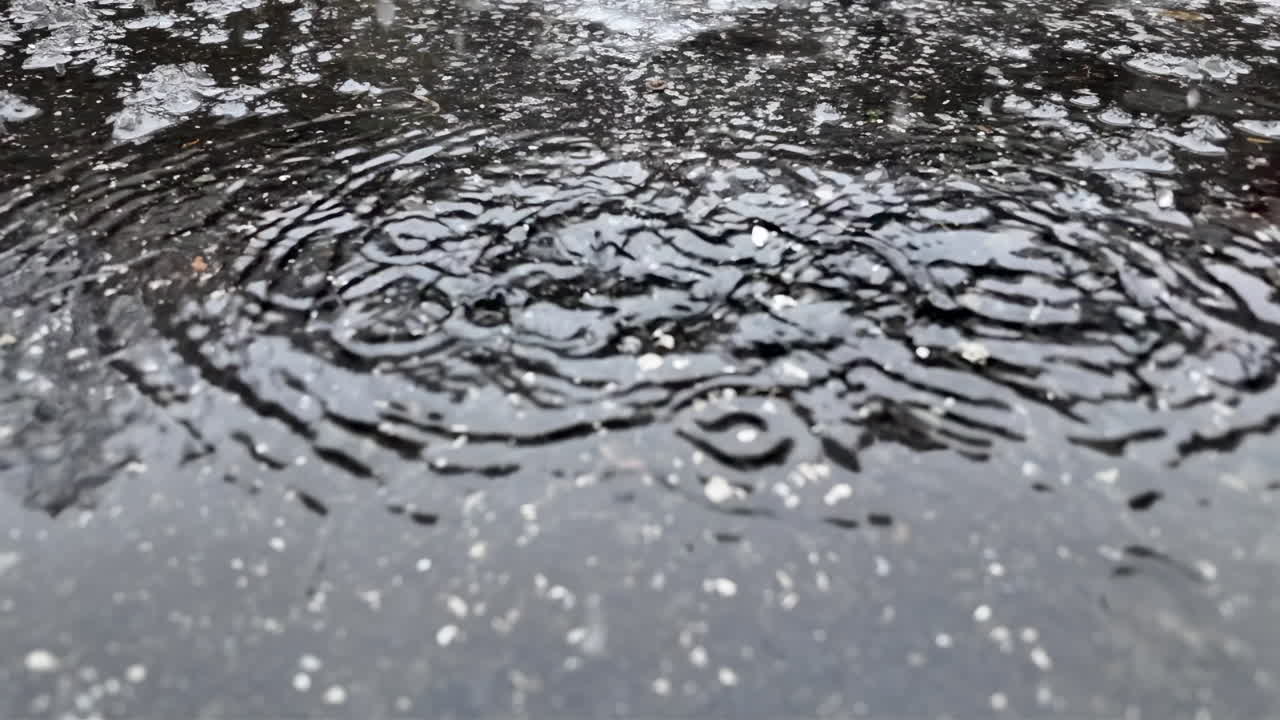 濡れた冬の日に、暗いアスファルトに打ち付ける雨粒が円形の波紋と反射を作り出す様子。