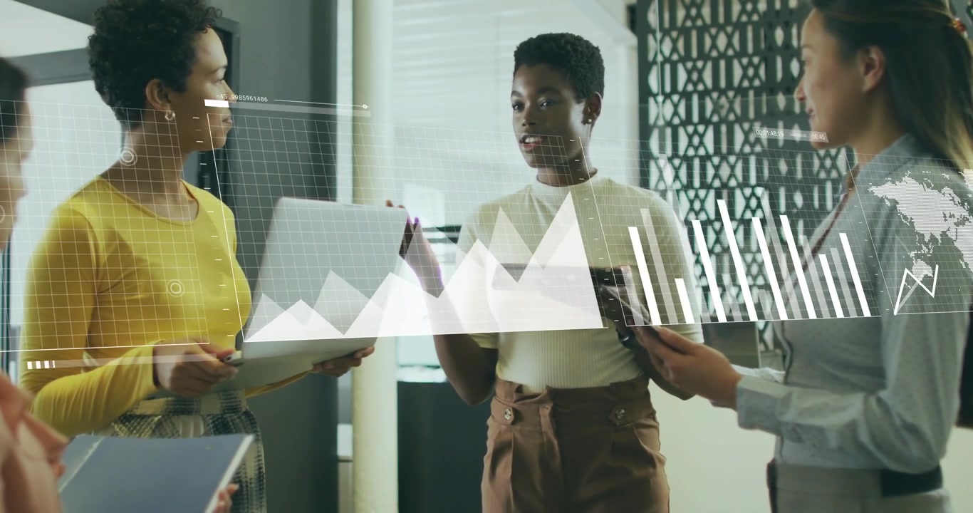 three women doing office analytics upon center tapping tablet editing chart and reviewing world map