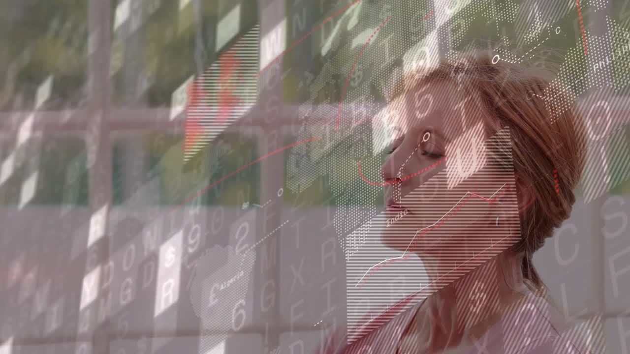Meditating woman exhaling causing red chart rising over symbols on grid window for wellness