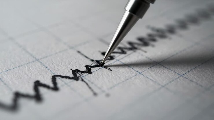 Touching down metal pen tip pressing and retracing across gridded paper to reinforce waveform