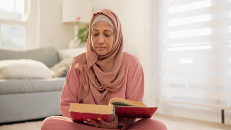 quran, muslim or mature woman with faith in home