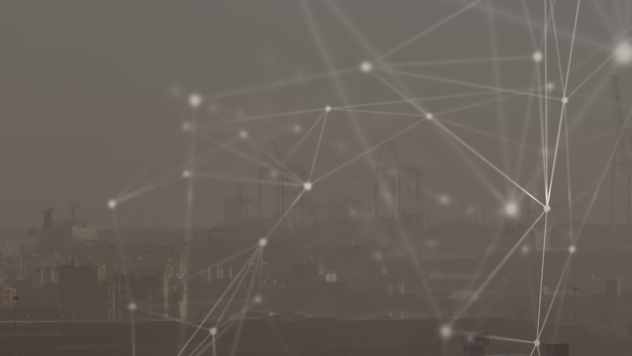 Animation of network of connections against aerial view of cityscape