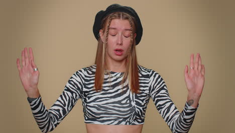 time out, need a break, tired serious upset pretty young woman showing pause relax gesture, stop