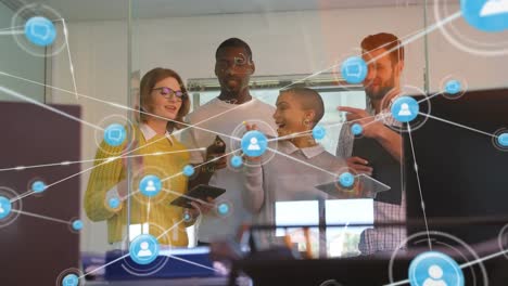 web of connection icons against people working in an office