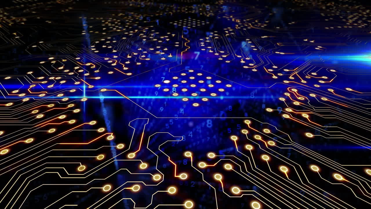 마이크로프로세서 연결의 디지털 애니메이션과 파란 빛 트레일에 대한 이진 코딩