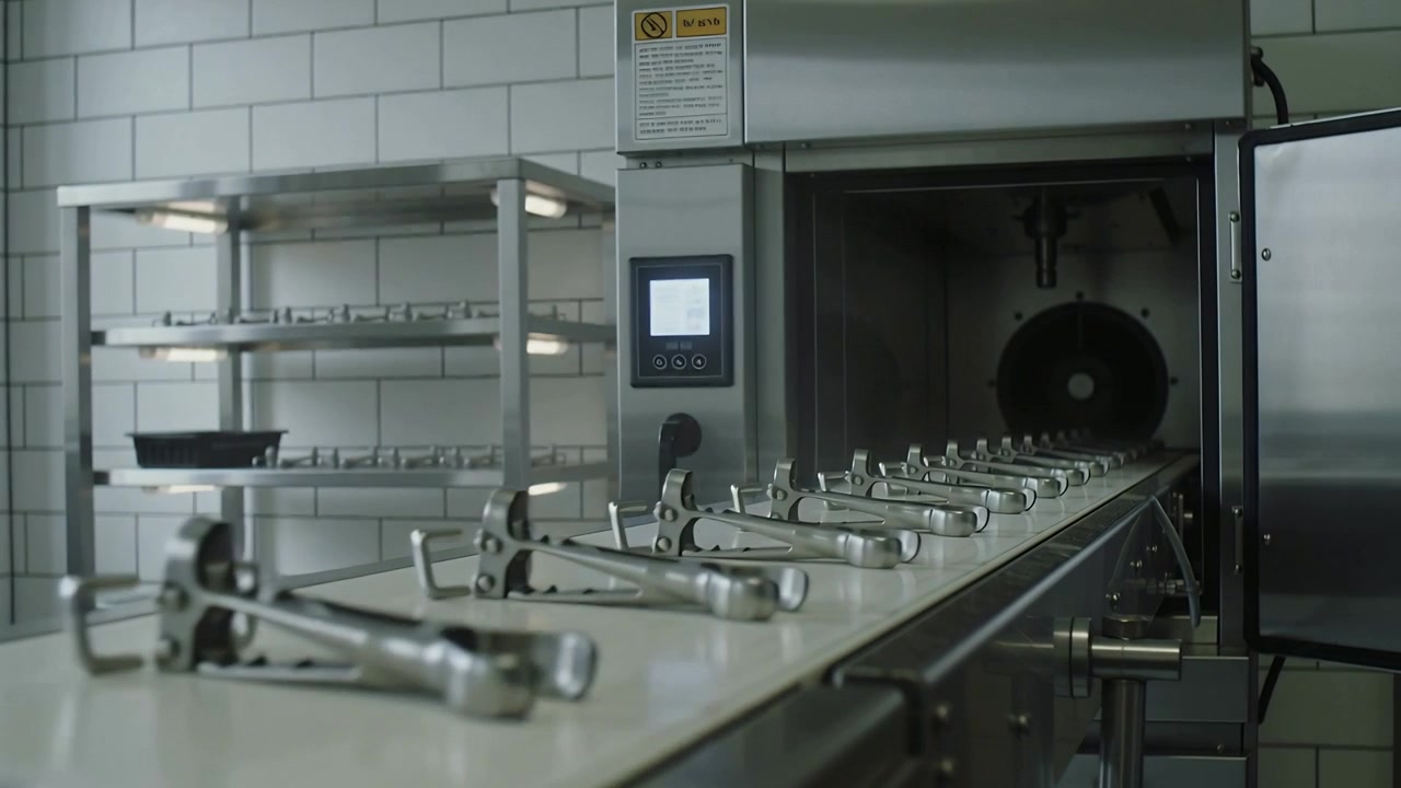 Moving conveyor with steel clamps approaching oven in kitchen, control panel activating conveyor