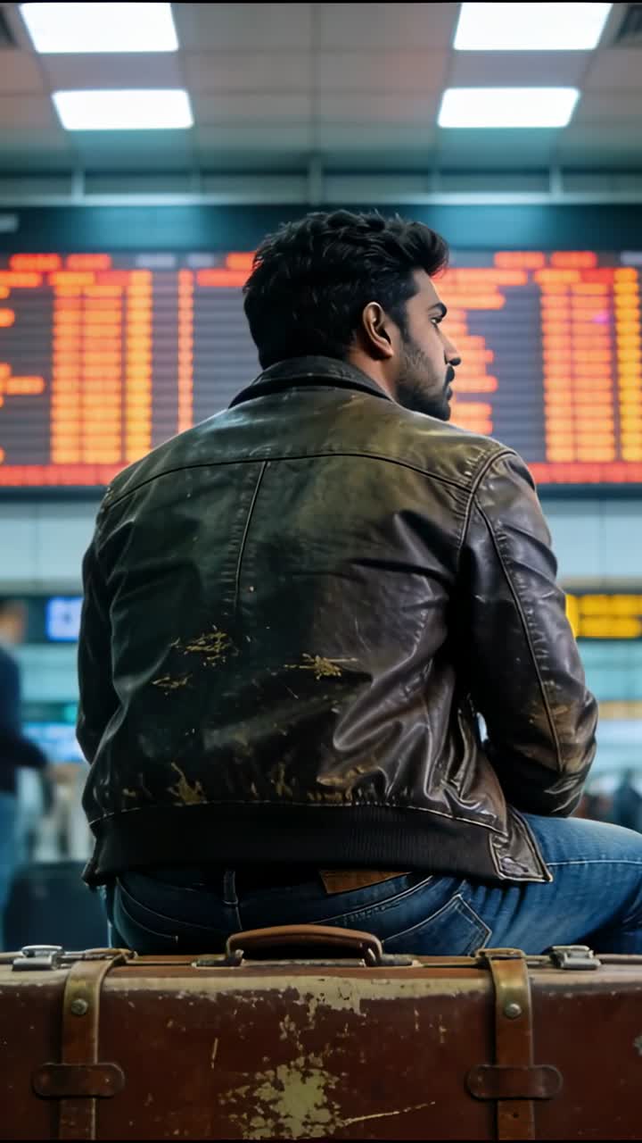 Uomo asiatico ventenne seduto su una valigia vintage all'aeroporto, che controlla il tabellone delle partenze aggiornandosi per il volo