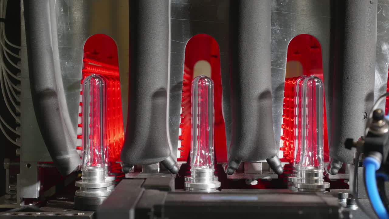 로봇 기계에 배치되는 애완용 플라스틱 프리폼에 대한 클로즈업 샷