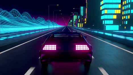 80s retrowave fondo animación 3d. rueda de coche de neón futurista de cerca.