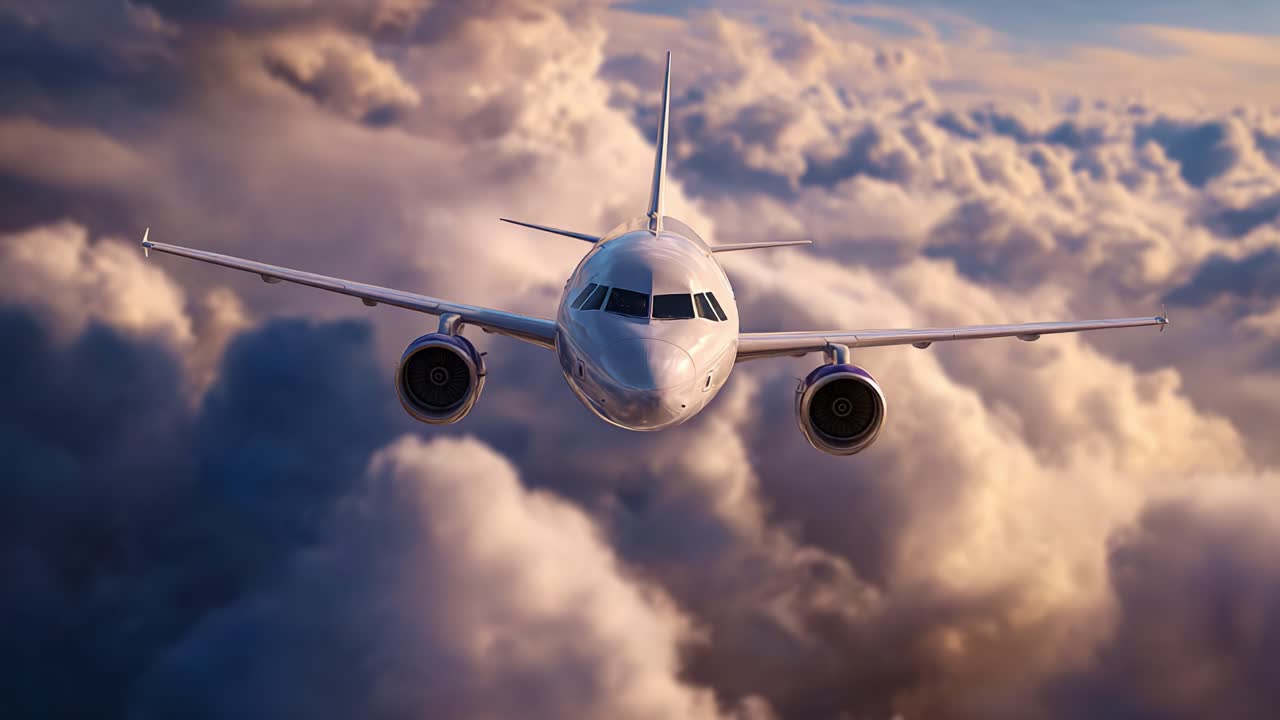 Vista aerea di un jet che vola attraverso splendidi paesaggi di nuvole nel cielo durante l'alba o il tramonto, con colori vivaci e motivi di nuvole dinamici