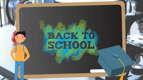 animación del texto de regreso a la escuela sobre el laboratorio escolar