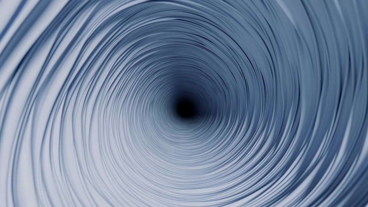 Curving blue and white bands rotate around a centered dark opening as repeating circular layers form a deep swirling tunnel, with soft highlights and smooth radial movement.