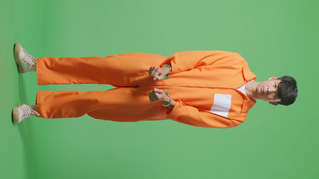 Full Body Of Asian Male Prisoner In Handcuffs Standing On The Green Screen Background, Raising Head And Looking To Camera