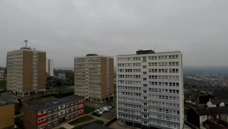 aerial footage view of high rise tower blocks, flats built in the city of stoke on trent to accommodate the increasing population, council housing crisis