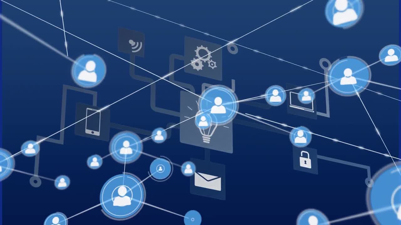 Animation of network of connections with icons on blue background