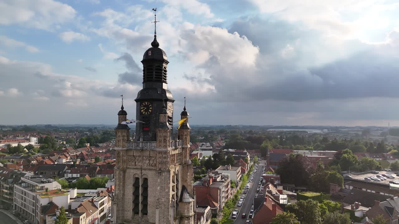 Drone shot of Sint-Michielskerk Roeselare during a sunny evening