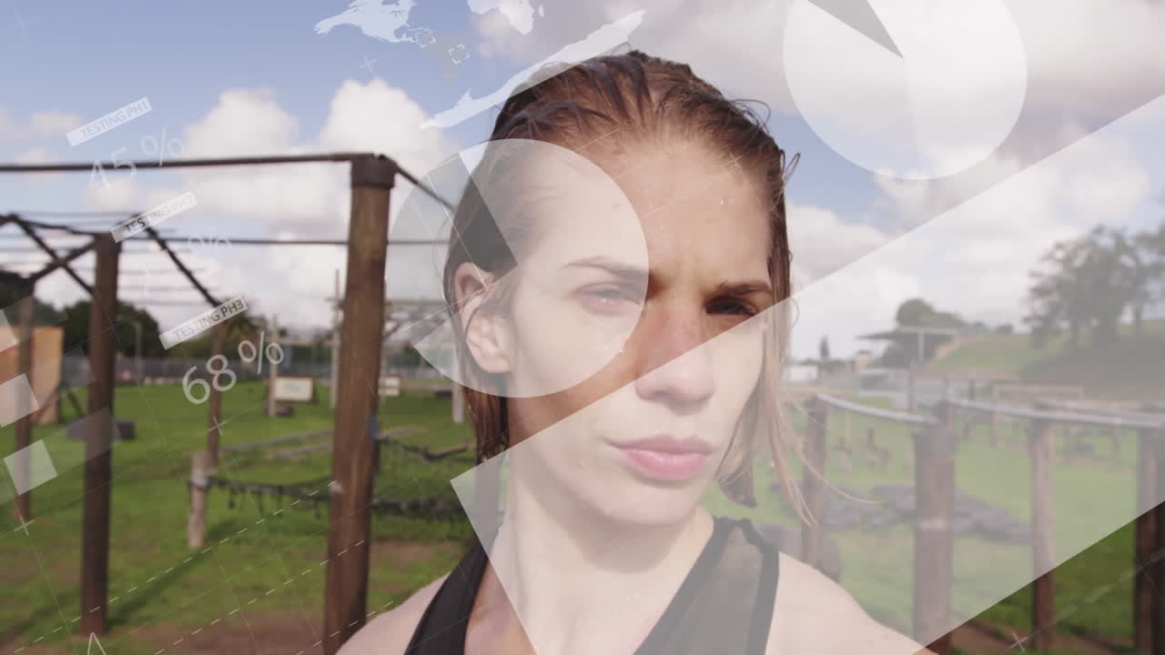 Woman navigating fitness obstacle course, displaying floating pie charts and percentage overlays