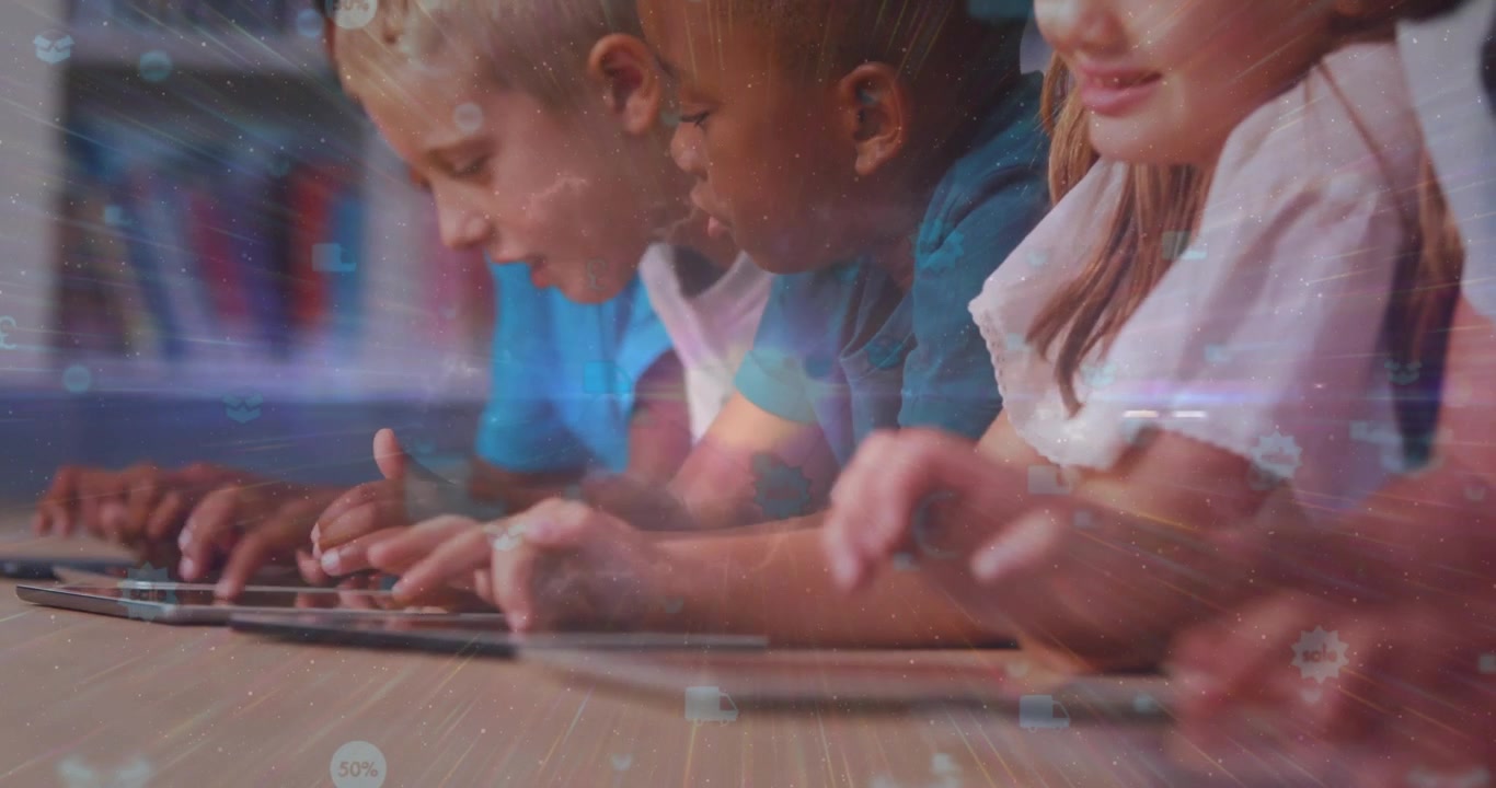 Children placing tablets on table, tapping icons and swiping, initiating learning app interactions